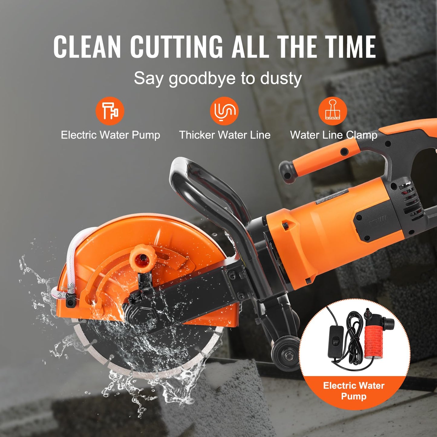 VEVOR Electric Concrete Cutter, 9 in Circular Saw with 3.5 in Cutting Depth, Wet/Dry Disk Cutter Includes Water Line, Pump and Blade, for Stone, Brick, Porcelain, Concrete, 1800W Motor