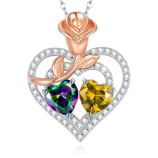 AGVANA June November Birthstone Jewelry Alexandrite Citrine Necklace Sterling Silver Rose Flower Heart Double Birthstone Pendant Necklace Anniversary Birthday Gifts for Women Mom Wife Lady Her