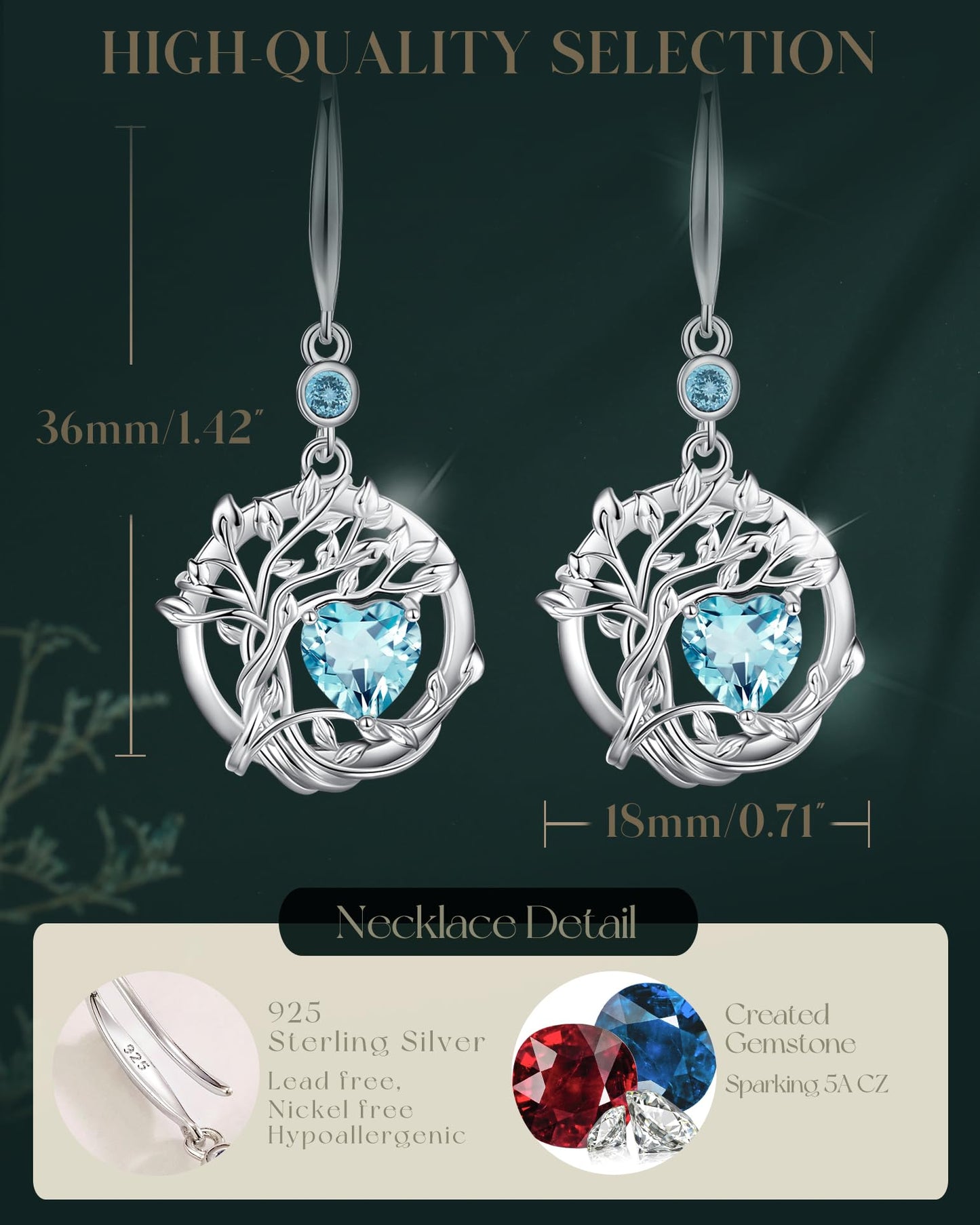FANCIME Tree of Life Earrings 925 Sterling Silver Dainty Blue Aquamarine Dangle Drop Gemstone Earring March Birthstone Fine Jewelry Birthday Mothers Day Gifts for Wife Her Women