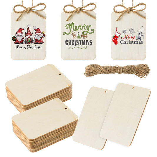 120 Pcs Wooden Tags 2.5 x 3.5 Inch Unfinished Wood Rectangle Square Wooden Cutouts with Holes Wood Ornaments with 32.8ft Rope for Holiday Gift Tags DIY Craft Christmas Hanging Decorations Painting