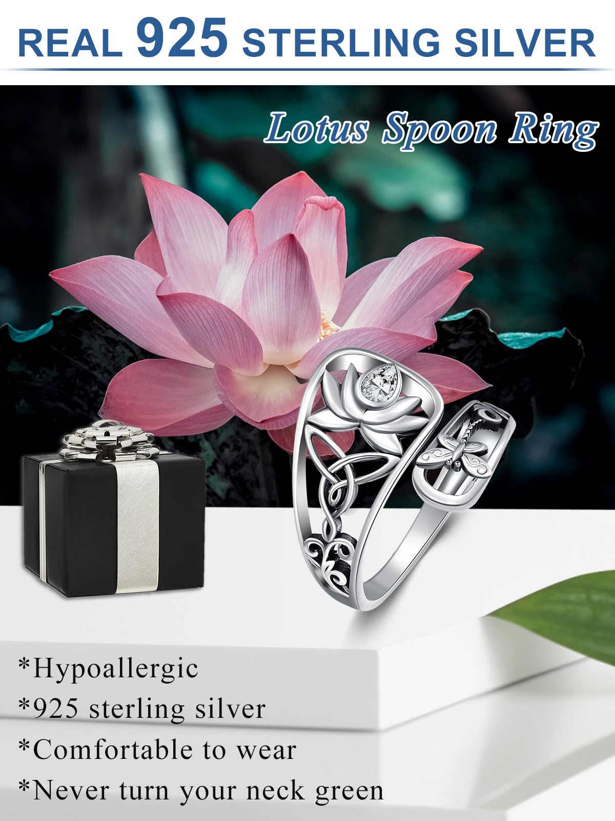 Midari White Lotus Spoon Rings for Women Sterling Silver Adjustable Lotus Flower Finger Ring Thumb Rings with Lotus Jewelry for Women Yoga Lovers Birthday Christmas Gifts (Customization)