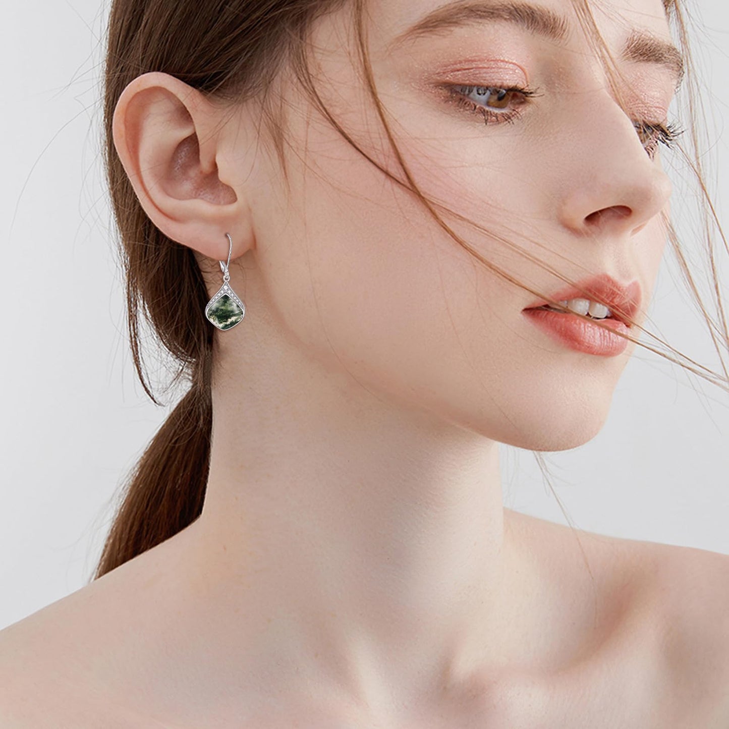 Moss Agate Teardrop Earrings for Women Sterling Silver Cubic Zirconia Teardrop Drop cubic Zirconia Dangle Earrings Jewelry Christmas Gifts for Women