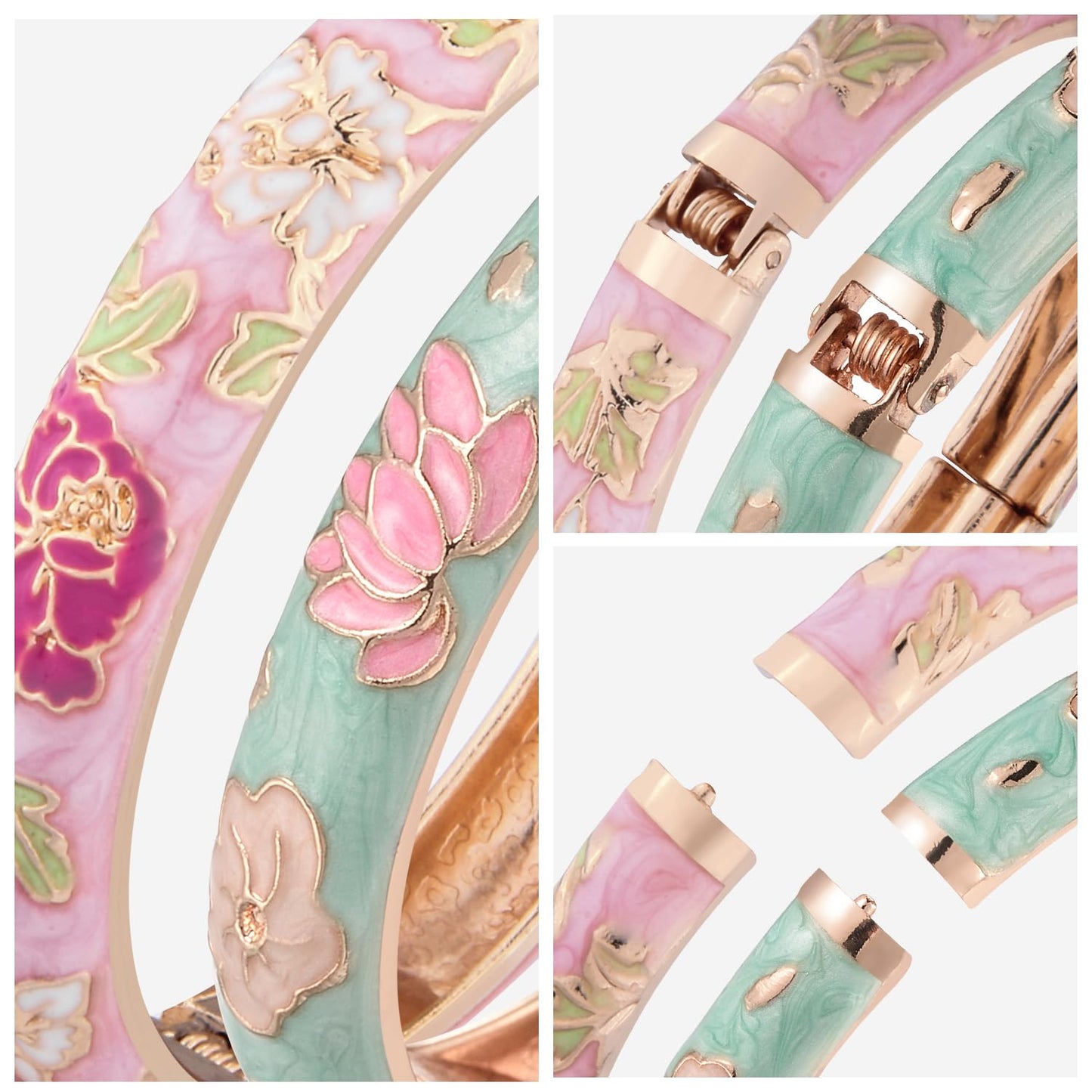 UJOY Designer Womens Couple Bangles Golden Flower Enamel Bracelets Jewelry Box for Women Gift 55A35-55A113 Green Pink