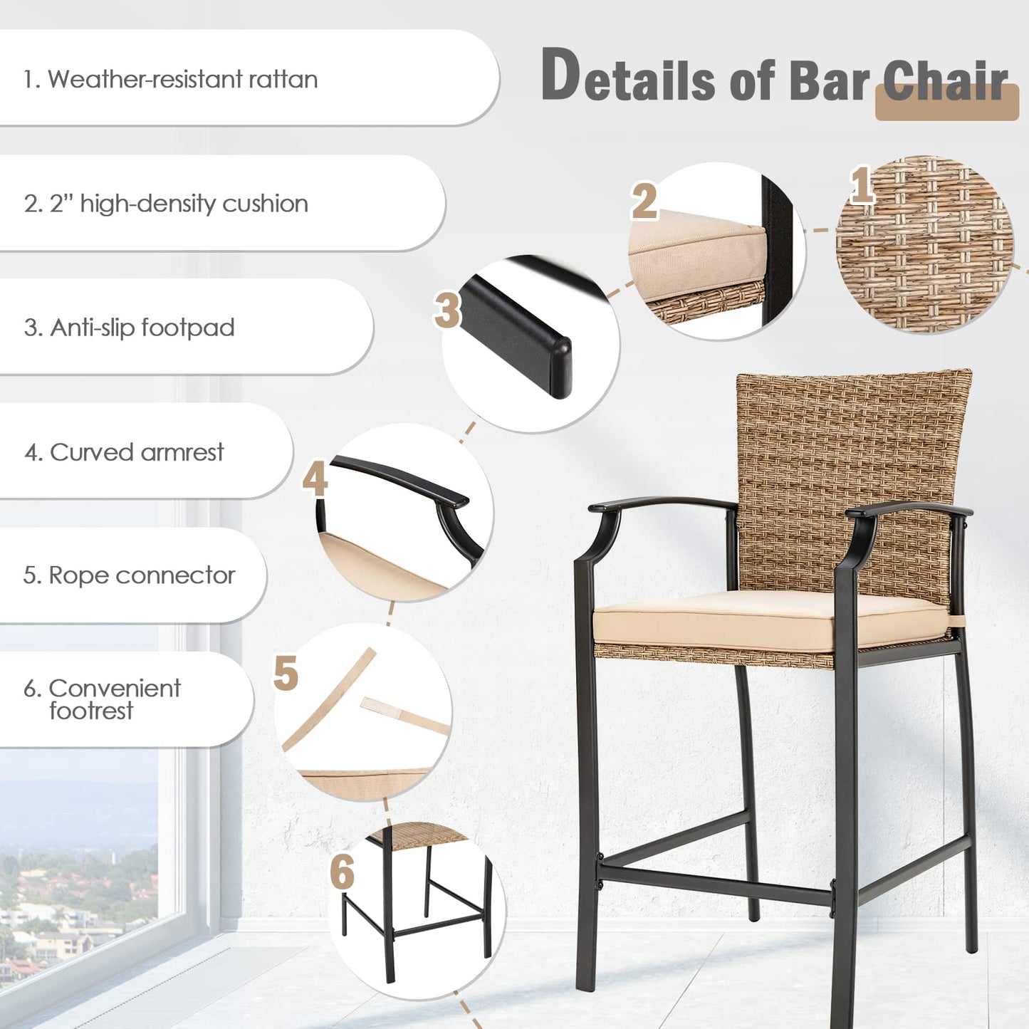 Tangkula Patio Rattan Bar Stools Set of 4, Outdoor Wicker Bar Height Chairs W/Soft Cushions, High Backrest & Curved Armrest, Convenient Footrest, Ideal for Garden, Poolside, Balcony