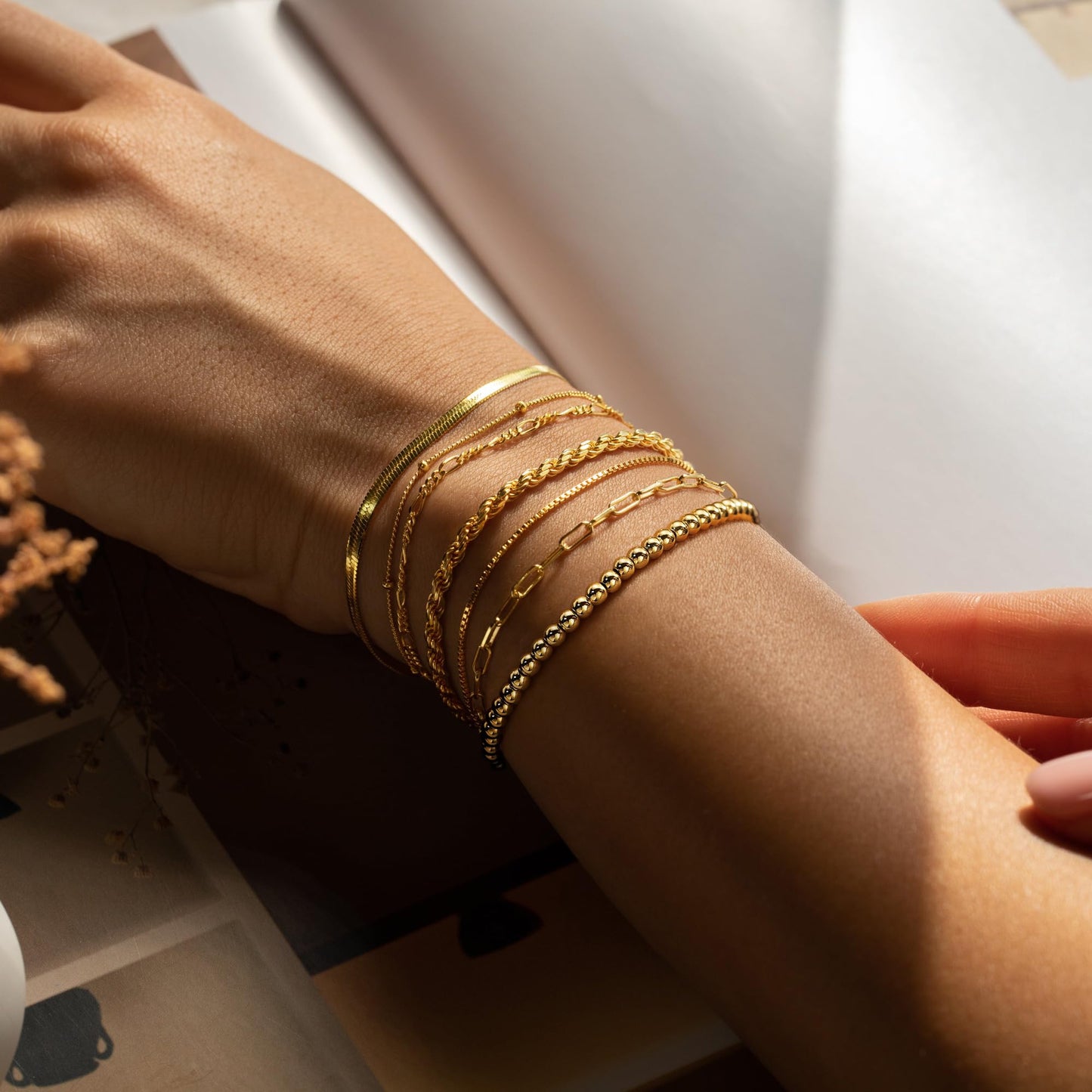 M MOOHAM Gold Bracelets for Women - Dainty 14K Gold Plated Beaded Bracelet Stack Paperclip Snake Rope Figaro Box Satellite Chain Bracelets for Women Non Tarnish, Jewelry Gifts for Women Her