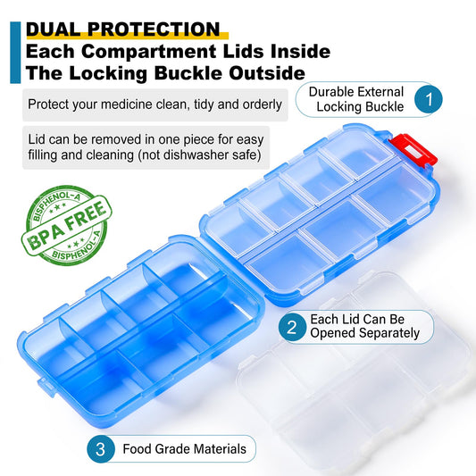 14 Grids Travel Pill Organizer Box with 415-Pcs Medicine Name Labels - Pocket Daily Pharmacy Case Container Kit - Travel Medication Holder Dispenser for Fish Oil Vitamin Supplement Storage -Clear Blue