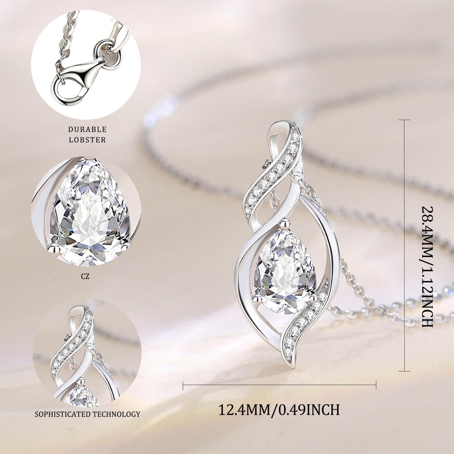 FANCIME April Birthstone Necklace for Women Simulated Diamond Teardrop Necklace Sterling Silver Infinity Love Birthday Gifts for Mom Women Her, 16"+2" Inches