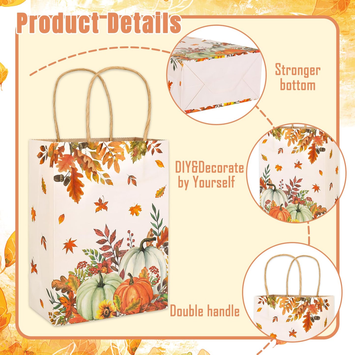JarThenaAMCS 24Pcs Fall Kraft Paper Gift Bags Pumpkin Maple Leaves Treat Bags with Handles Grocery Shopping Bags Candy Goodie Bags for Autumn Thanksgiving Baby Shower Birthday Party Favors Supplies