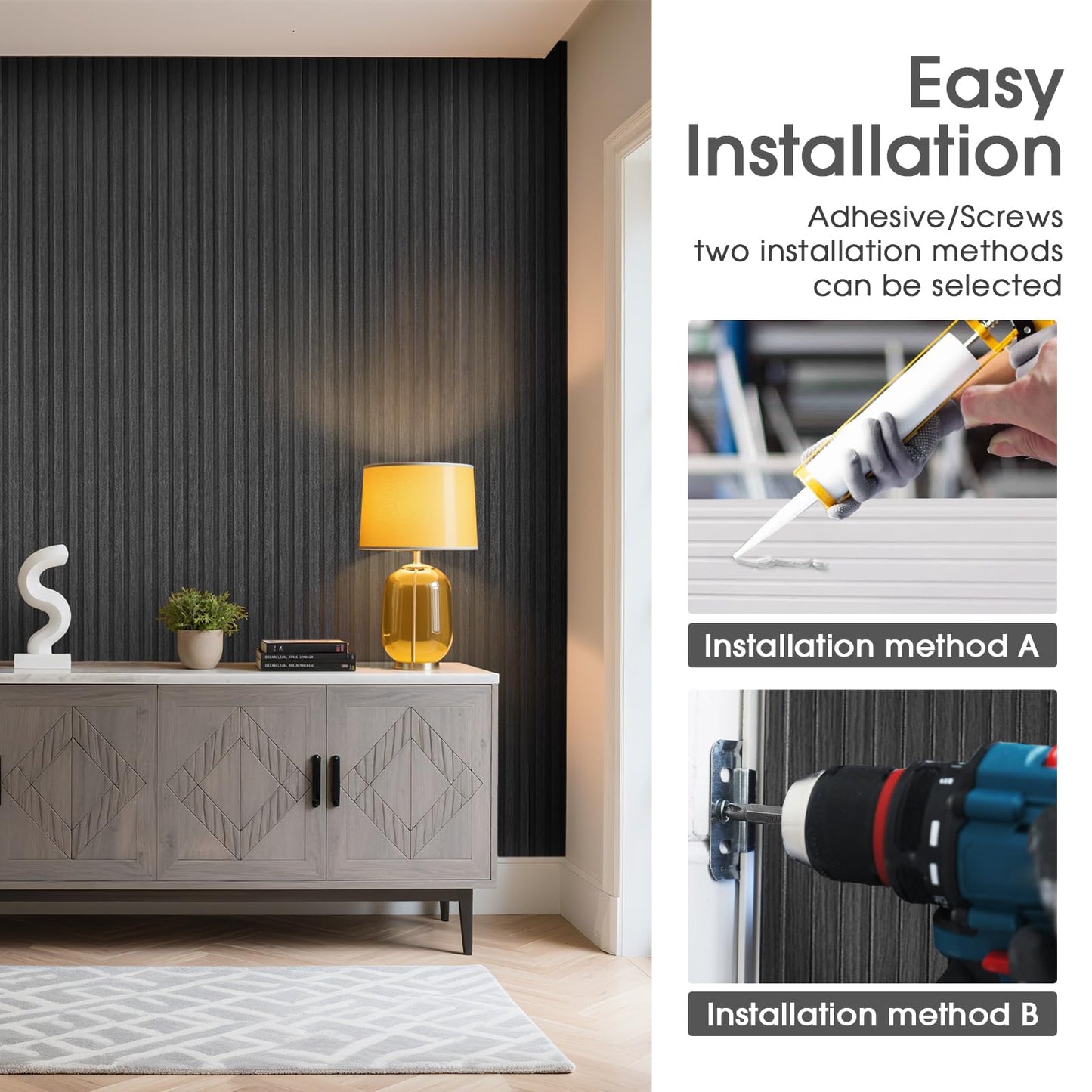 LARWORKS WPC Slat Wall Panels 8 Pack 96" x 6", Waterproof Fluted Wall Paneling, Accent 3D Wall Panel for Wall Decor, Bathroom, Bedroom, Office - Low Grille Black (Cover Approx.32 sq.ft)