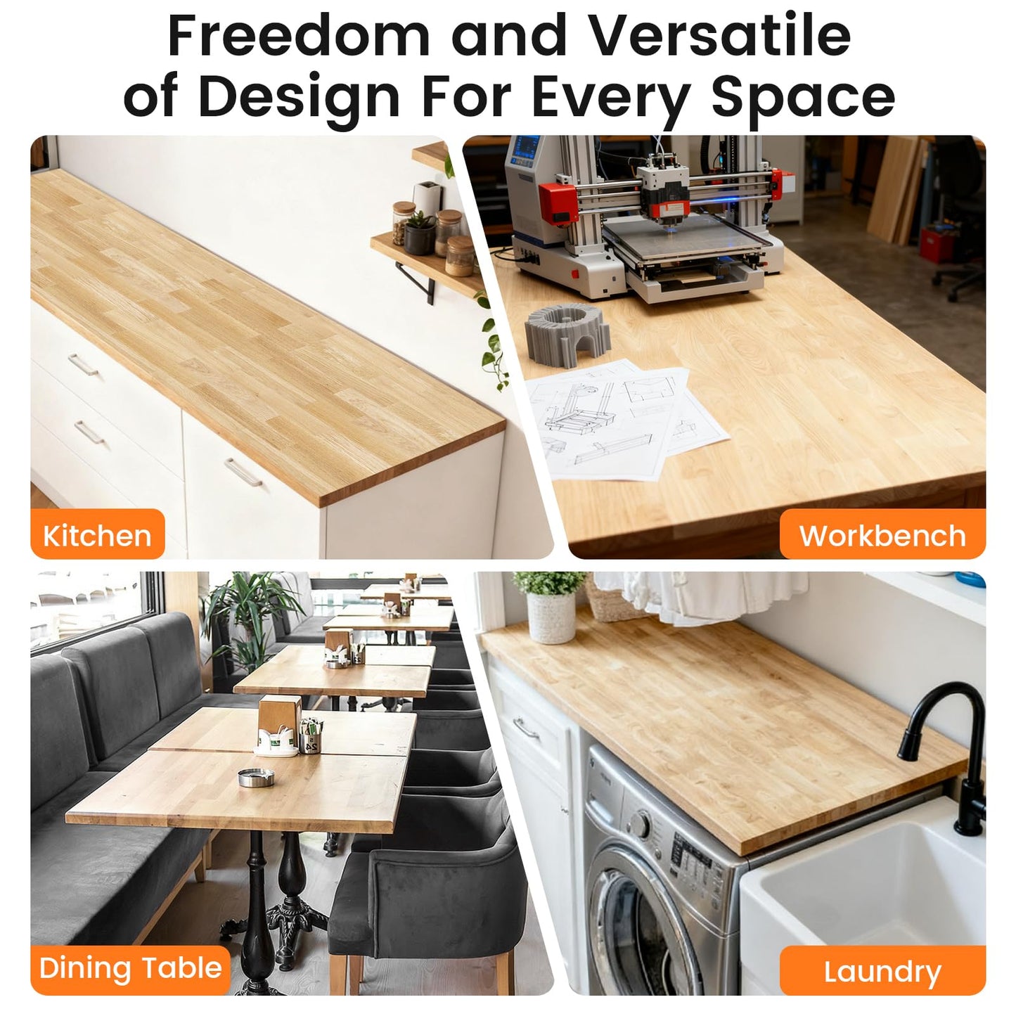 Butcher Block Countertop, Solid Wood Table Top - 4ft Unfinished Birch Work Bench Top Cut to Size for DIY Desktop/Washer Counter/Office Desk/Kitchen Island/Living and Dining Room Tables 48x25x1.5 in