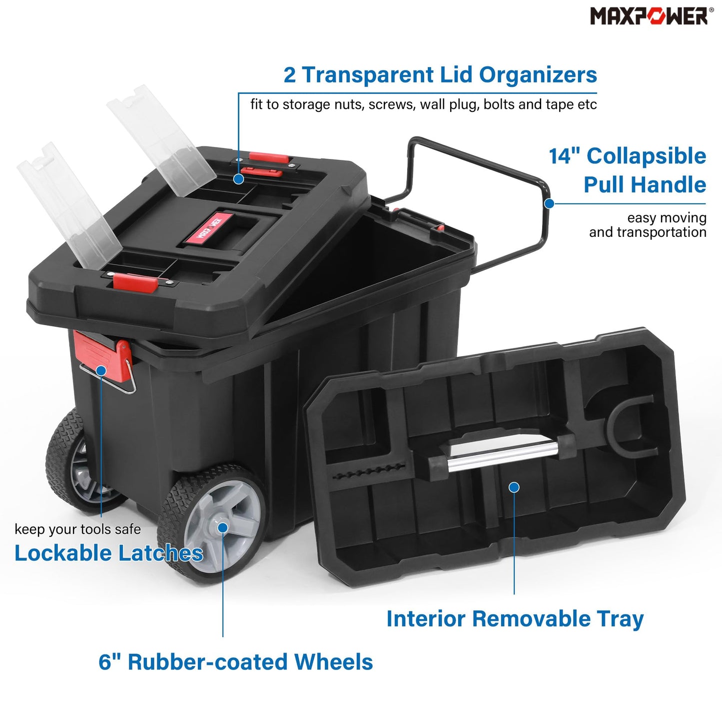 MAXPOWER Rolling Tool Box with Wheel, 8 Gallon Storage Capacity Deep Tool Box, Lockable Latches, Removable Tray, Black Toolbox
