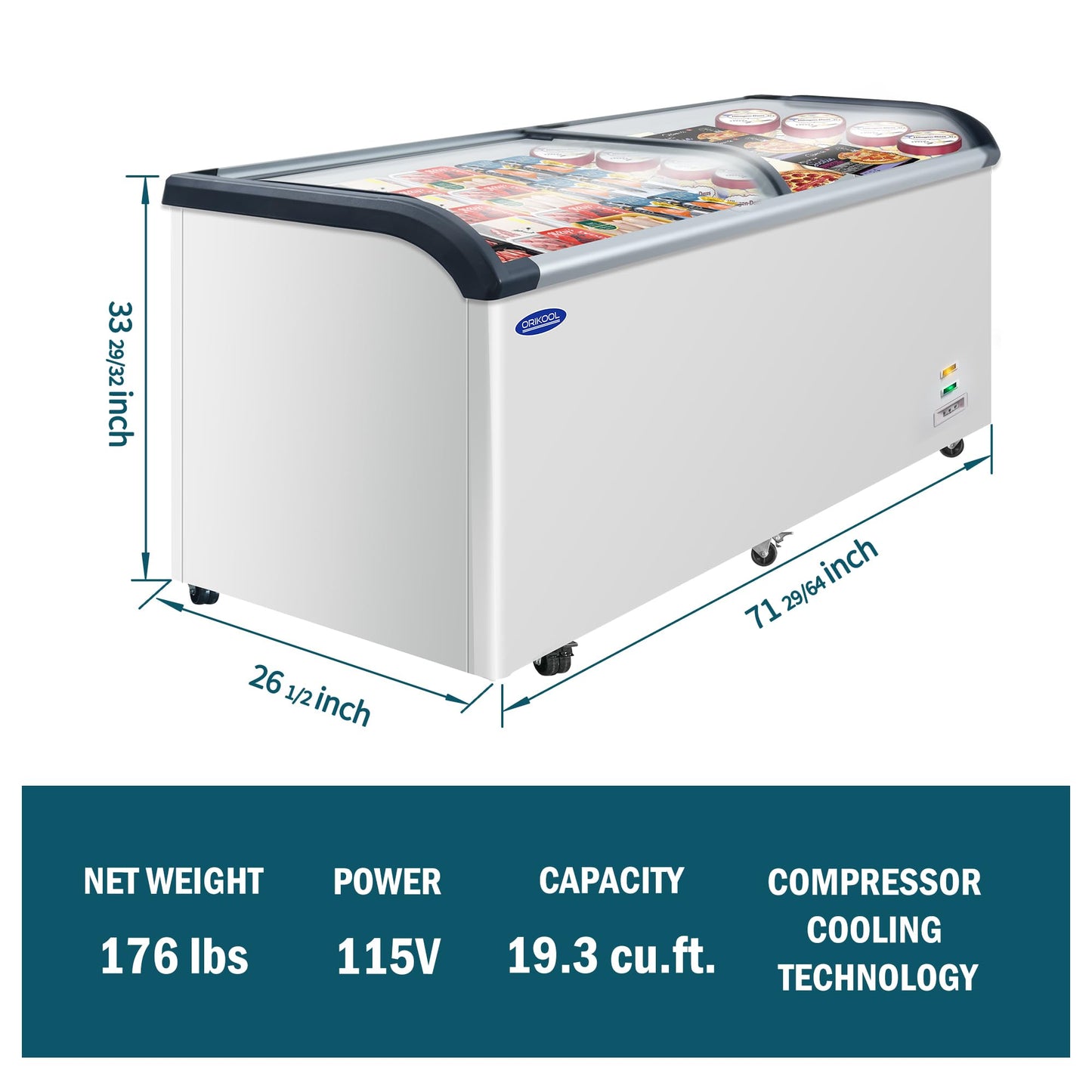 ORIKOOL Commercial Ice cream Display Freezer: 19.3 Cu.FT Chest Freezer with Curved Glass Top, -9.4℉ to 5℉, LED Light, Large Capacity for Convenience Store, Supermarket, Restaurant