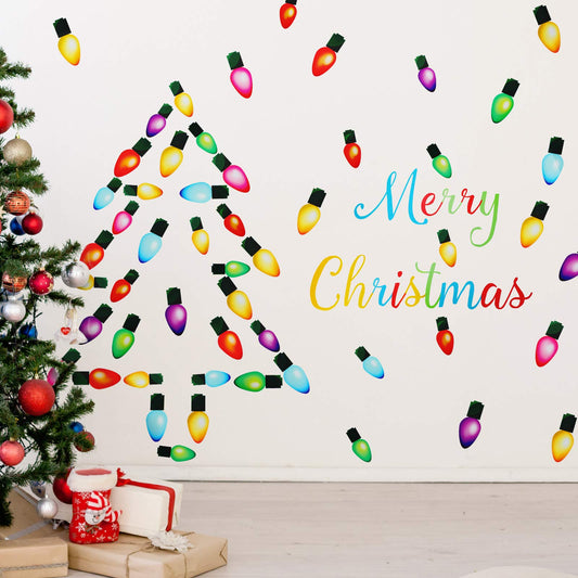 91 Pieces Christmas Wall Stickers Christmas PVC Merry Christmas Lights Bulb Wall Decals for Christmas Decoration