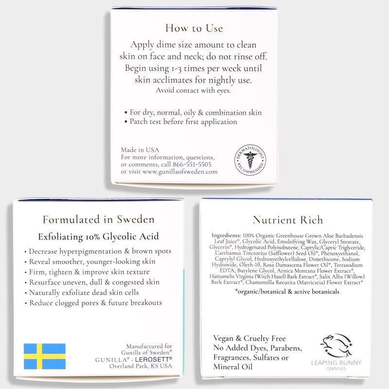 GUNILLA Glycolic Acid Night Cream - Refine, Resurface & Reduce Fine Lines, Wrinkles, Dark Spots, Congested Pores While Brightening Complexion. Gentle - Natural - Vegan (2 oz)