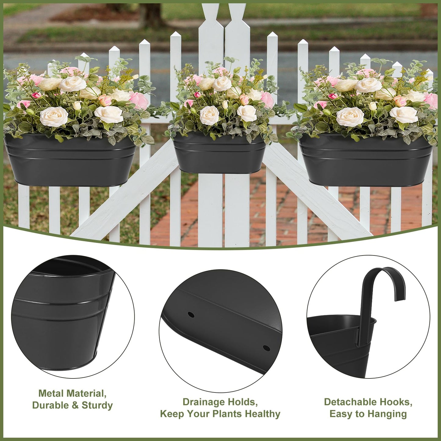 3 Different Size Metal Iron Hanging Flower Pots 10 Pcs for Outdoor Plants Metal Hanging Bucket Pots Iron Railing Fence Planter with Drainage Holes and Hooks for Porch Railing Balcony Fence (Black)