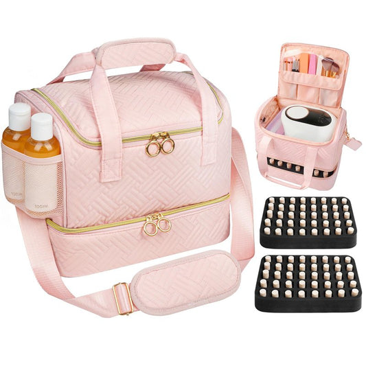Veirdro Nail Polish Organizer Hold 90 Bottles (15ml/0.5fl.Oz)& Nail Lamp, Three Layer Nail Supplies Organizer Case with Holder& Shoulder Strap, PU Leather Nail Kit Organizers and Storage Bag (Black)