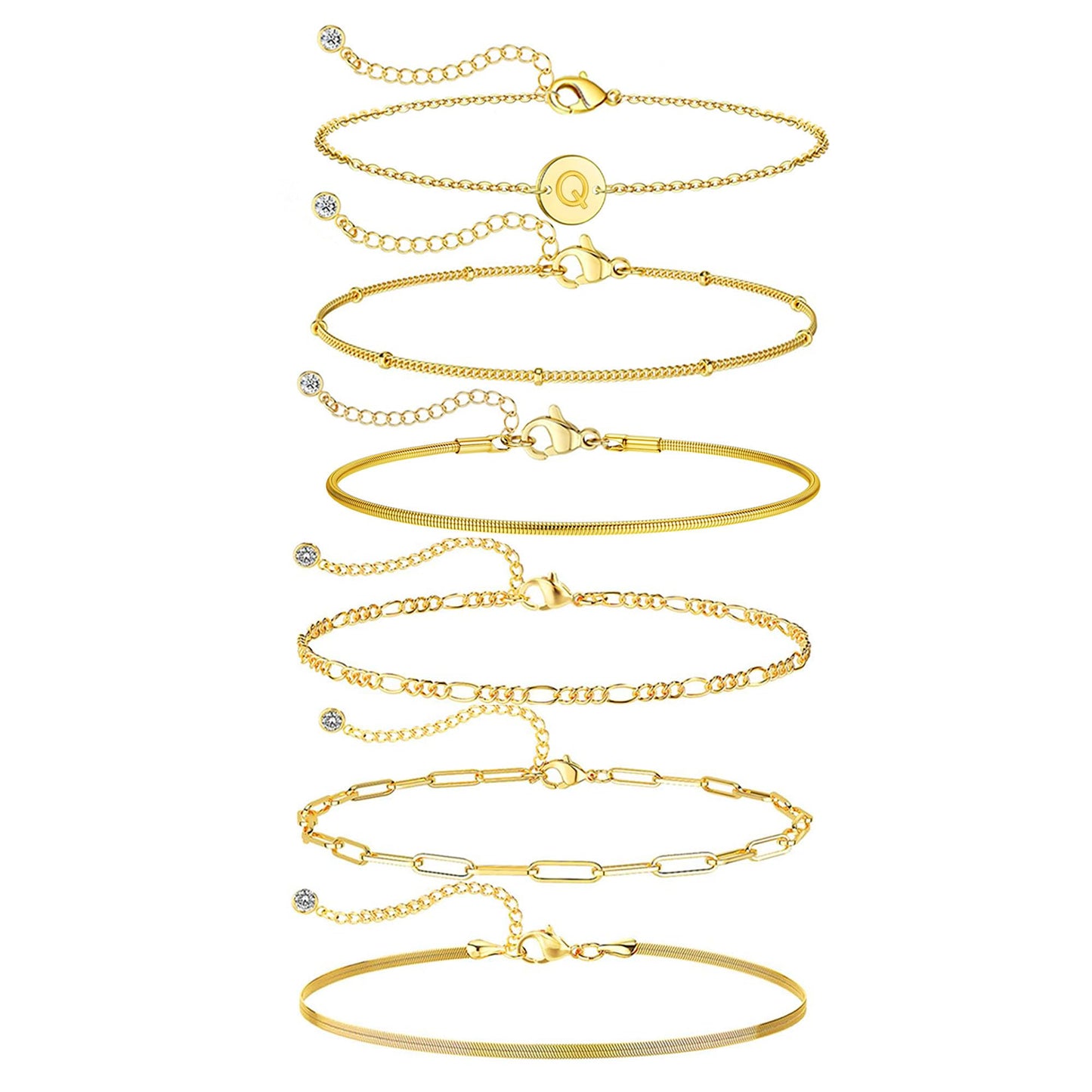 Lydow Bracelets for Women, Stack Jewelry Set Initial Q Chain Stackable Letter Teen Accessories Pulseras Para Mujer 6 Inch 6PCS