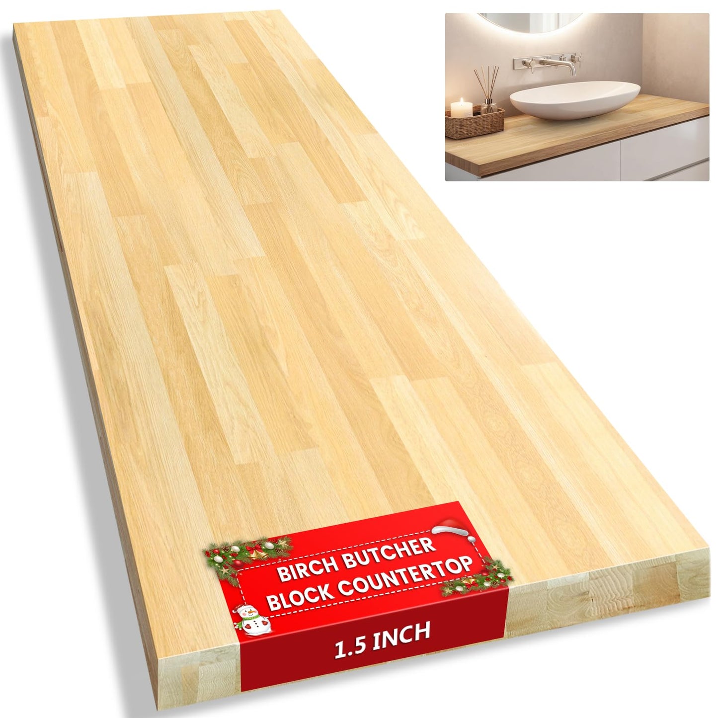 Butcher Block Countertop, Solid Wood Table Top - 4ft Unfinished Birch Work Bench Top Cut to Size for DIY Desktop/Washer Counter/Office Desk/Kitchen Island/Living and Dining Room Tables 48x25x1.5 in
