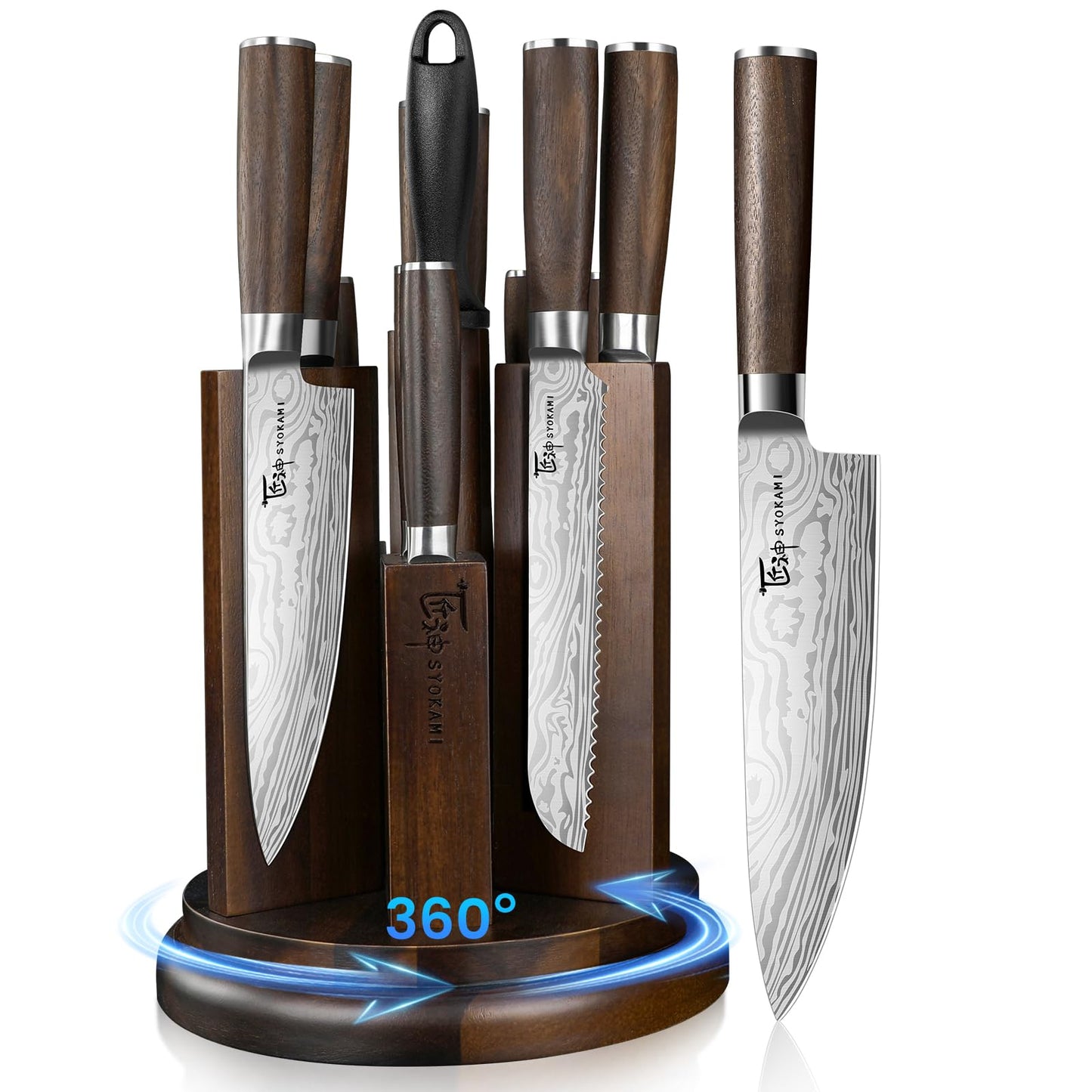 SYOKAMI Kitchen Knife Set with Magnetic Block and Sharpener 14 Piece Knife Set 360° Rotatable Holder Ultra Sharp High Carbon Stainless Steel Knives Sets with Steak Knives, Ideal Gift