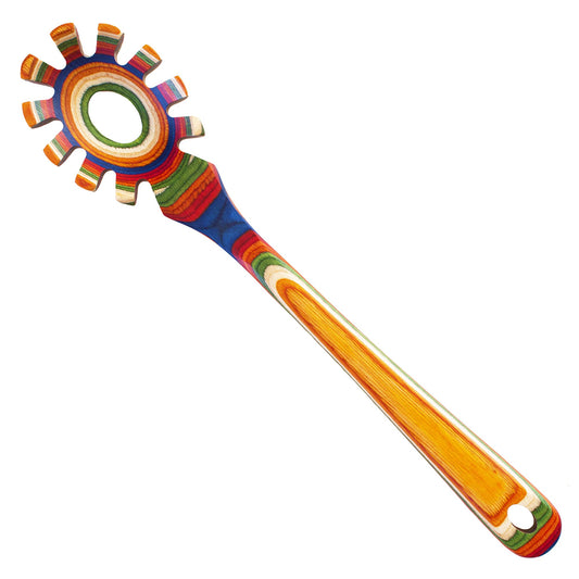 Baltique Marrakesh Collection Wooden Spaghetti Spoon – 12.5" Pasta Server with Teeth, Colorful Birch Wood Utensil for Portioning, Stirring & Serving Noodles