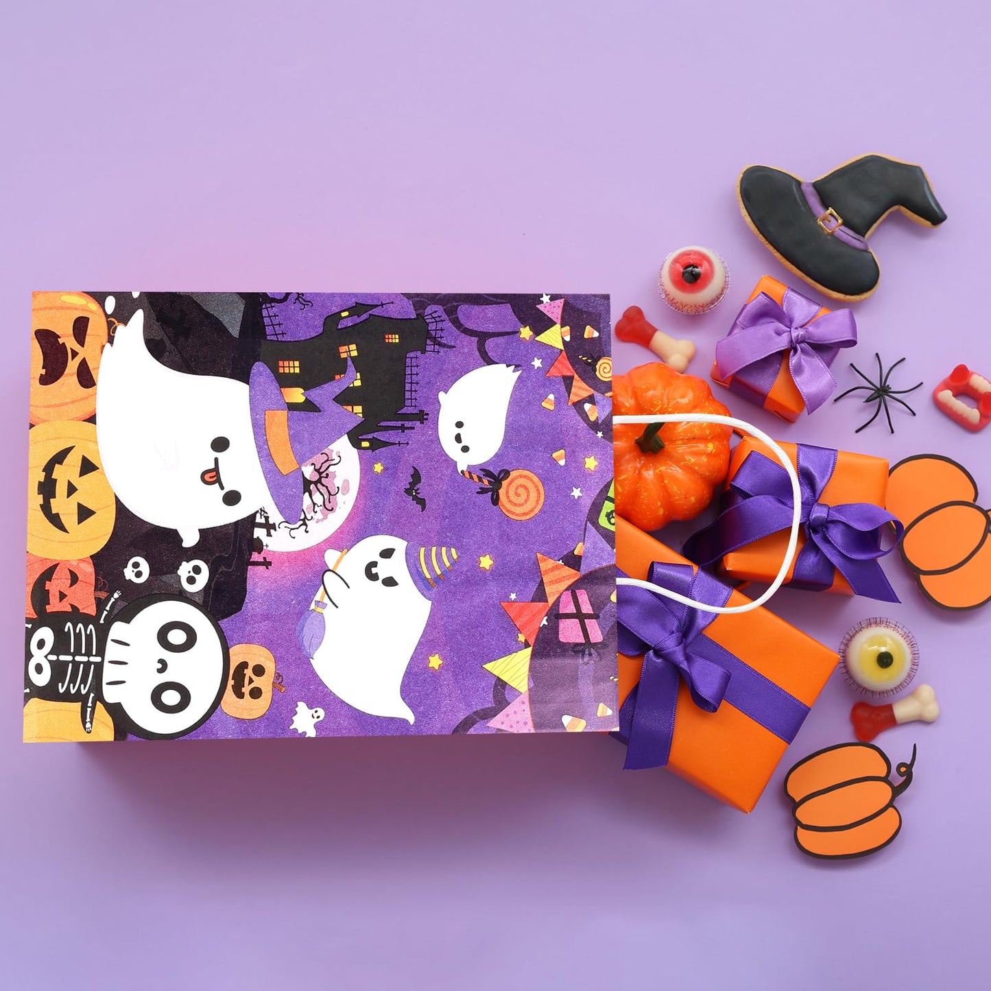 24Pcs Purple Halloween Paper Gift Bags and 24 Sheets Tissue Paper, Halloween Party Bags with Handle Candy Goodie Bags for Trick & Treat Party Supplies