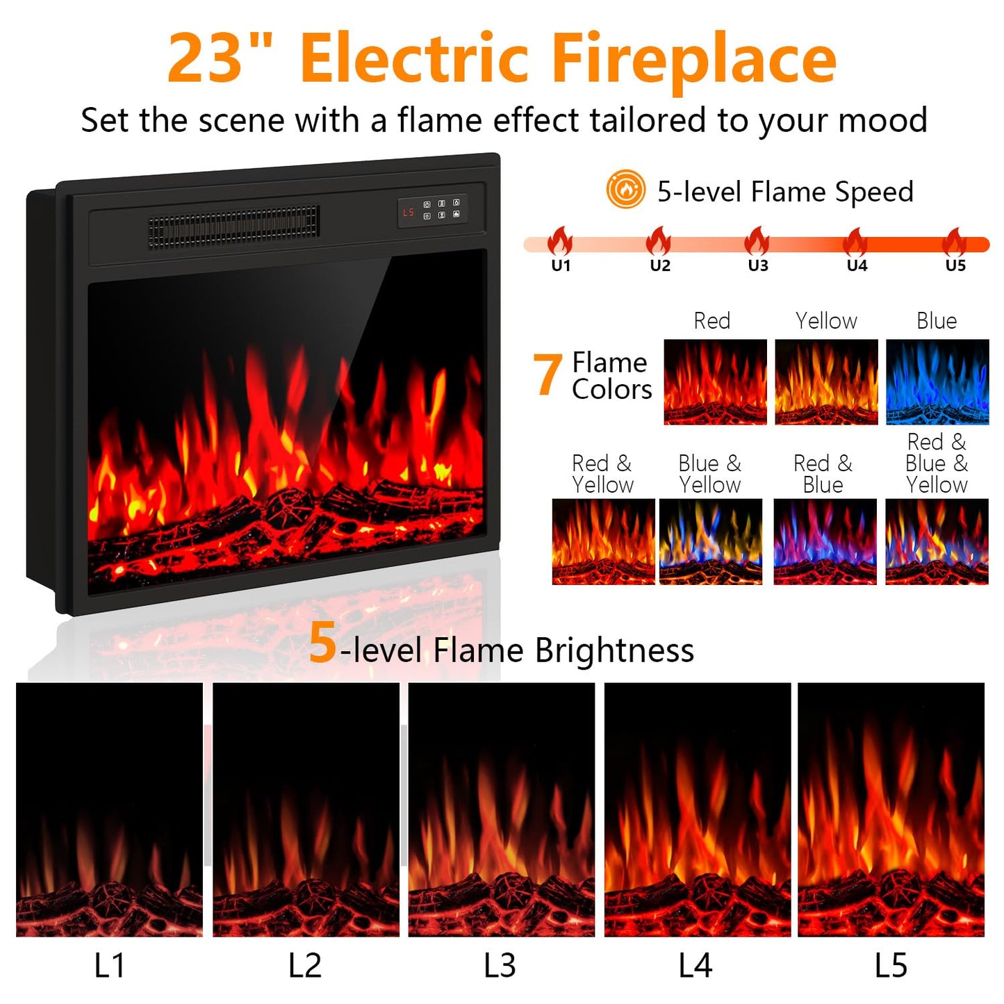 43" Electric Fireplace with Mantel, Freestanding 23" Fireplace Insert Heater with 7 Adjustable Flame Colors, Wooden Entertainment Center with Storage Shelf and LED Light for Living Room, Light Oak
