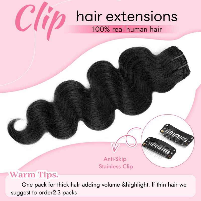 Tandulo Clip in Hair Extensions Real Human Hair Body Wave 1 Jet Black Clip in 100% Brazilian Remy Human Hair Extensions 8pcs Per Set with 18 Clips Double Weft 16 Inch 90g/3.6oz