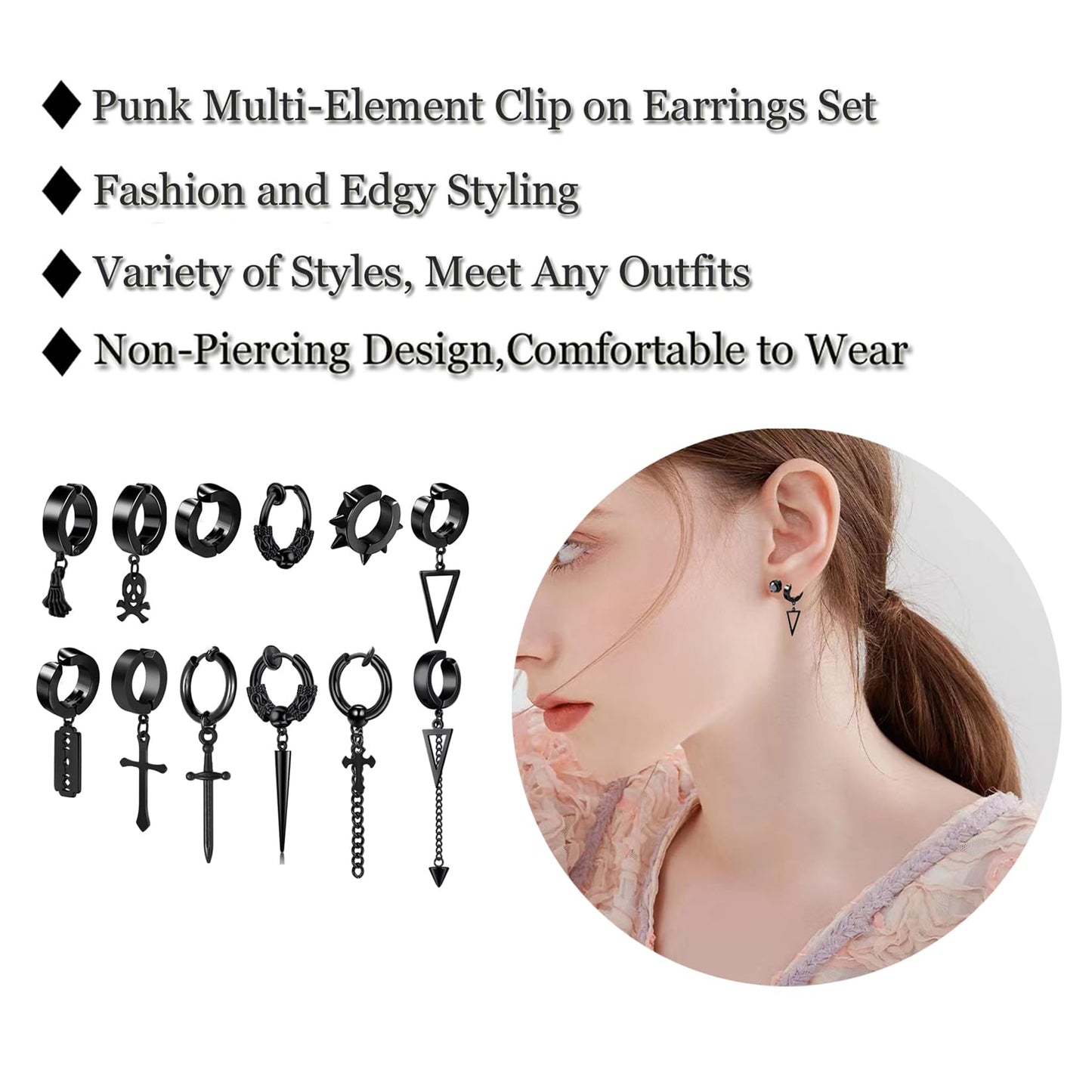 14 Pcs Black Punk Stainless Steel Fake Piercing Cross Dagger Sword Spike Rivet Triangle Dangle Tassel Clip on Hoop Earrings Set for Women Men, Non Pierced Fake CZ Stud Earrings