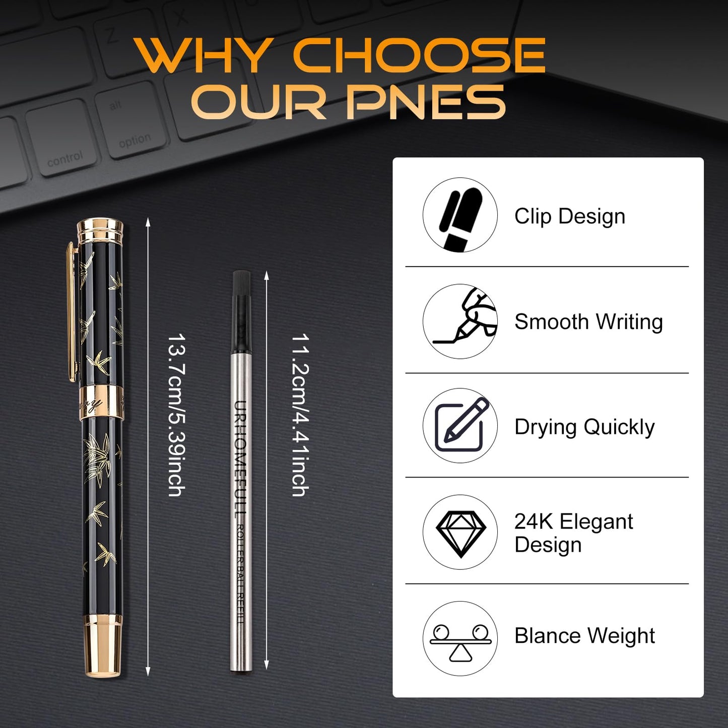 Urhomefull Black Rollerball Pens-Luxury Pens for Women Men, 24K Gold Trim Elegant Pen, Executive Gift Pen Set for Office Graduation Business Nice Roller Ball Pens