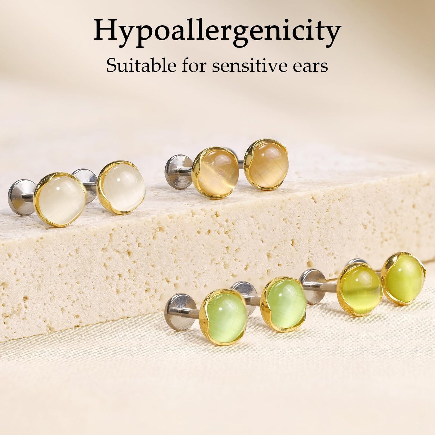 Limerencia Hypoallergenic Earrings for Sensitive Ears - 18G G23 Titanium Round Cat's Eye Push in Stud Earrings, Cartilage Stone Pierced Earrings for Women Men Gift,White 4mm