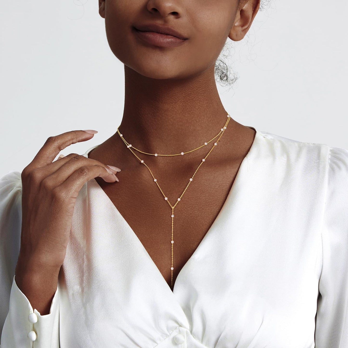 Zeffy Dainty Long Gold Necklaces for Women Trendy Pearl Lariat Y Necklace 14k Gold Plated Layered Beaded Drop Necklaces Simple Handmade Bar Pearl Pendant Y-Shaped Chain Jewelry Gift Wedding