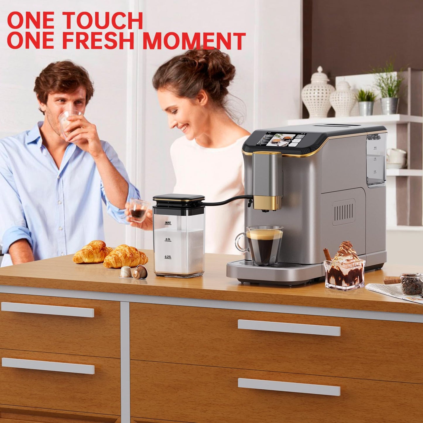 PioneerWorks Full Automatic Espresso Machine with Built-In Grinder & Milk Frother - FTF Touchscreen Coffee Maker for Latte/Cappuccino, 20 Bar Pressur & 1.5L Water Tank, 1350W, Gold