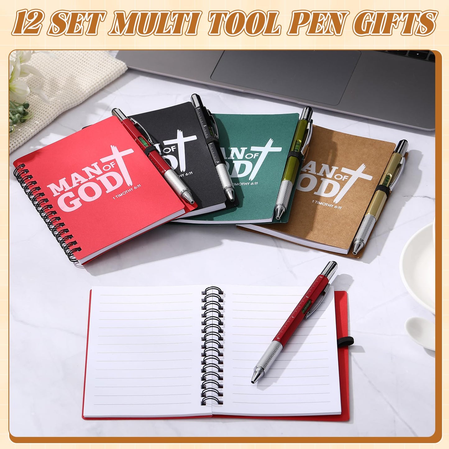 AmazingSpark 24 Pcs Church Gifts for Father's Day Bulk Man of God Christian Gifts Multi Tool Pens with Spiral Religious Notebooks for Dad Husband Adults Men Fathers Day Birthday