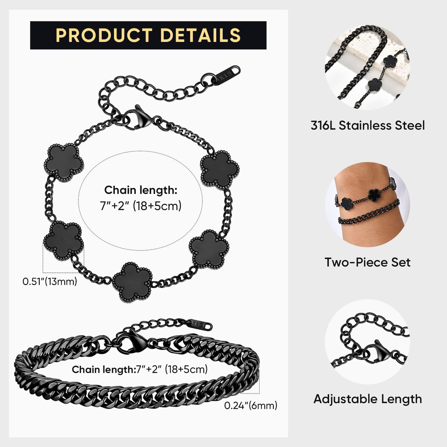 VNOX 2 PCS Floral Bracelets for Men Women -Womens Mens Stainless Steel Gold Cuban Chain Link Bracelet Lucky Charm Four Clover Flower Bracelets Trendy Jewelry Gifts，1