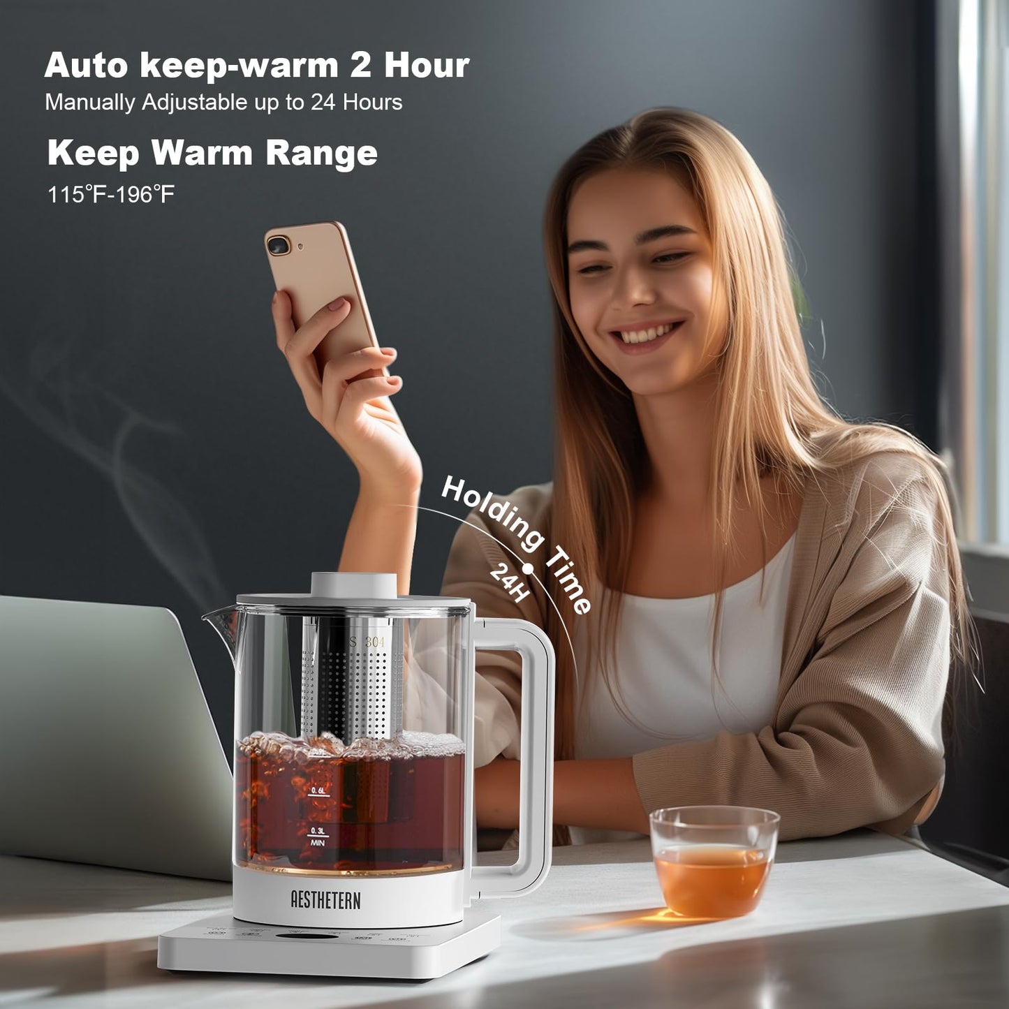 Aesthetern Electric Tea Kettle with Infuser Temperature Control and Automatic Shut Off 24 H Keep Warm for Coffee Water Heater and Tea Pot Glass White 1.5L
