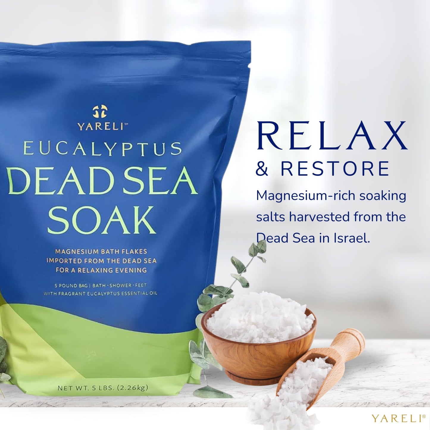 Yareli Magnesium Flakes, 5lb Eucalyptus, Dead Sea Bath and Foot Soak, Alternative to Epsom Salt with Over 250,000mg of Magnesium Chloride Per Bag