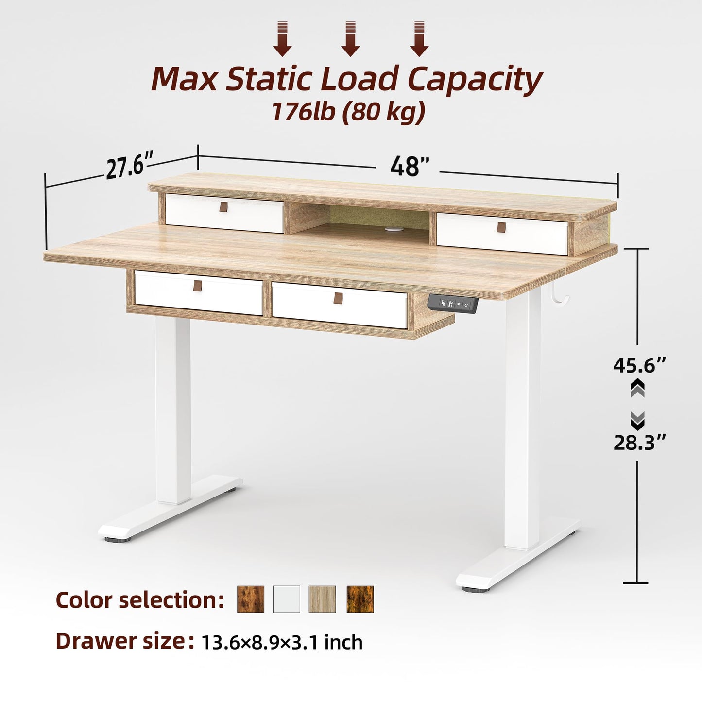 TIQLAB 48 * 28 Inch Standing Desk with Four Drawers, Electric Sit Stand Table, Stand Up Desk Adjustable Height with Storage Shelf, Splice Board, Maple