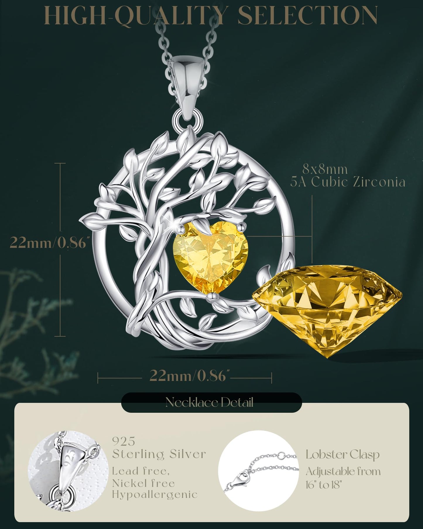 FANCIME Tree of life November Birthstone Necklace for Women Sterling Silver Tree Jewelry Natural Citrine Pendant Yellow Topaz Gemstone Anniversary Birthday Christmas Gifts for Wife Mom Her