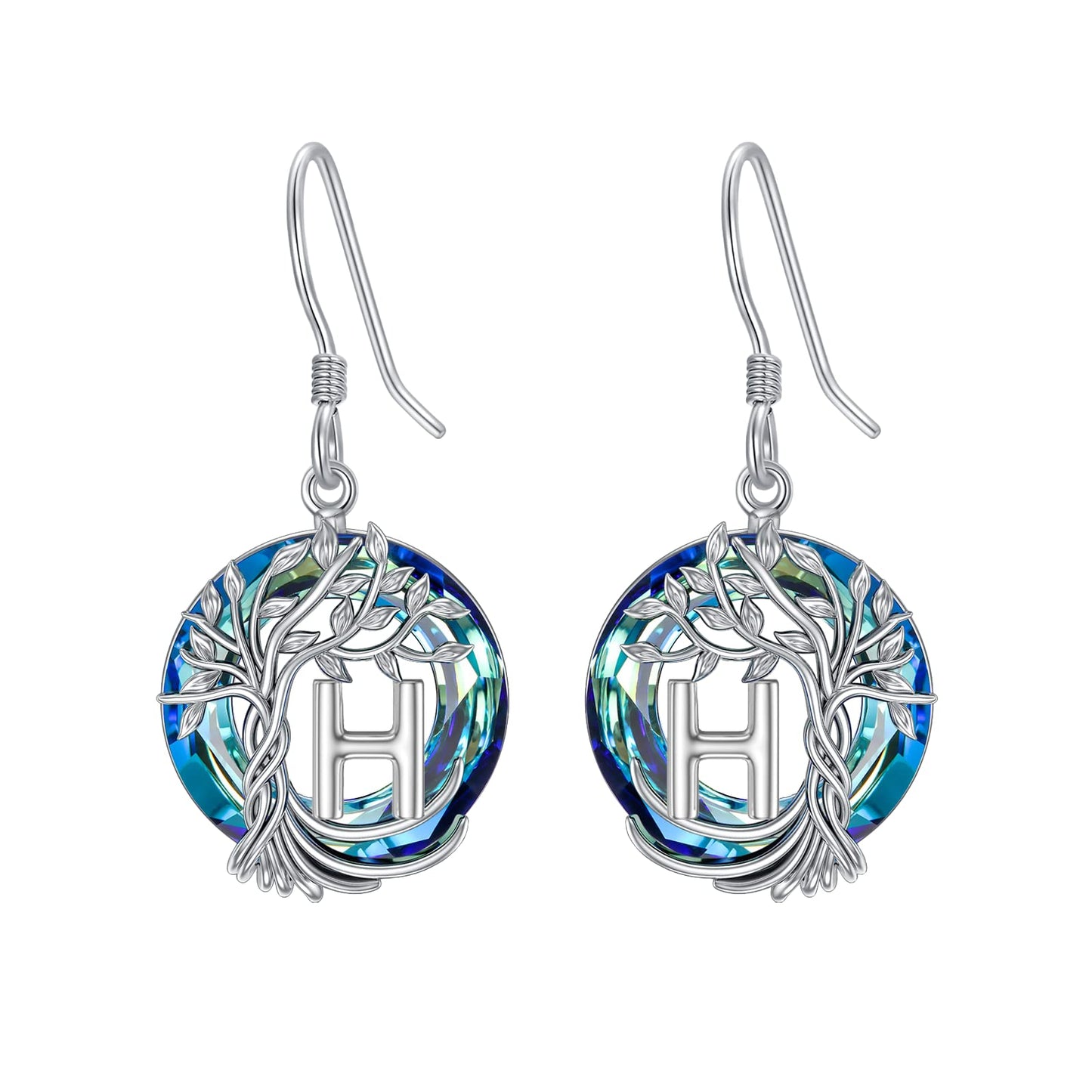 TOUPOP Tree of Life Initial Earrings Sterling Silver Initial H Letter Drop Dangle Earrings Blue Circle Crystal Family Tree Jewelry Birthday Mothers Day Gifts for Women Mom Her