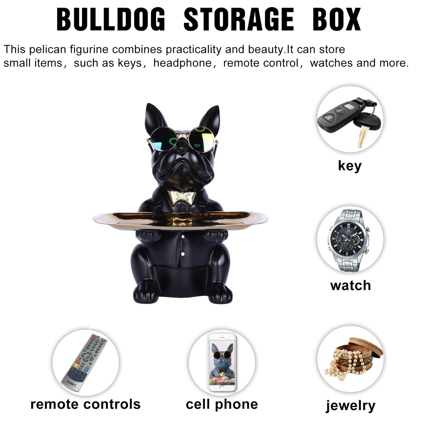 suruim French Bulldog Gifts Key Holder Candy Dish Tray Home Decor Resin Butler Statue Key Bowl Entryway Table Frenchie Dog Sculpture Dining Table Decor Office Small Object Tray (Black)