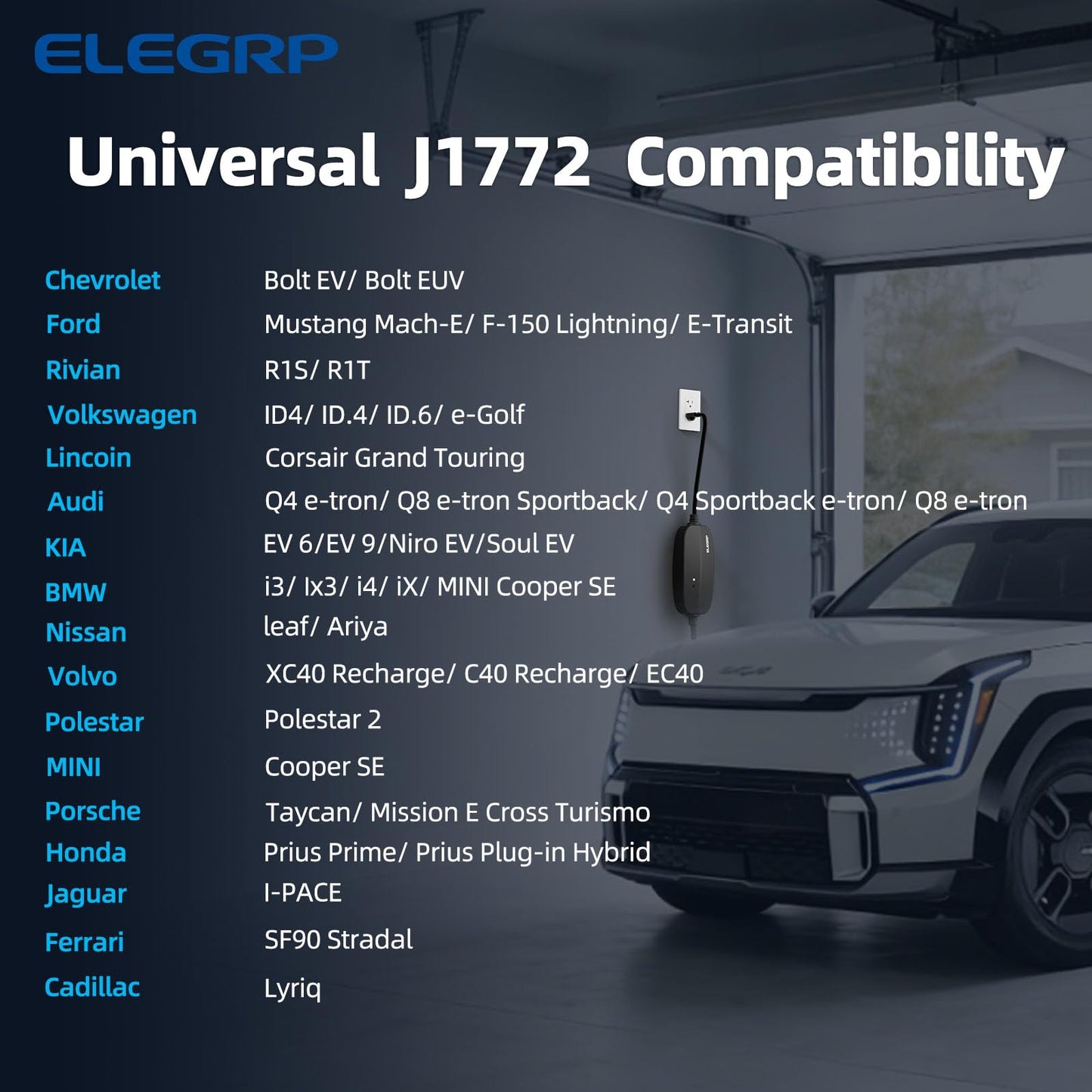 ELEGRP Level 1/2 EV Charger, 16 Amp, Portable J1772 Electric Car Charger, 25FT Cable, NEMA 6-20 & 5-15 Adapter, 110V-240V for BEVs/PHEVs, PBE & LRC Technology