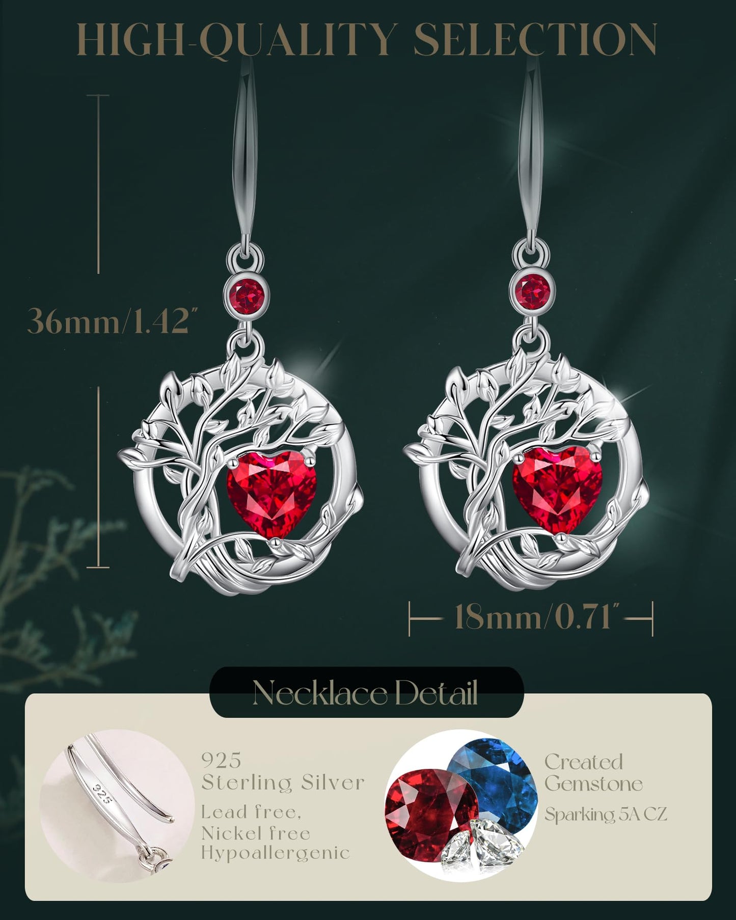 FANCIME Tree of Life Earrings 925 Sterling Silver Dainty Red Ruby Dangle Drop Gemstone Earring July Birthstone Fine Jewelry Birthday Mothers Day Gifts for Mom Her Women