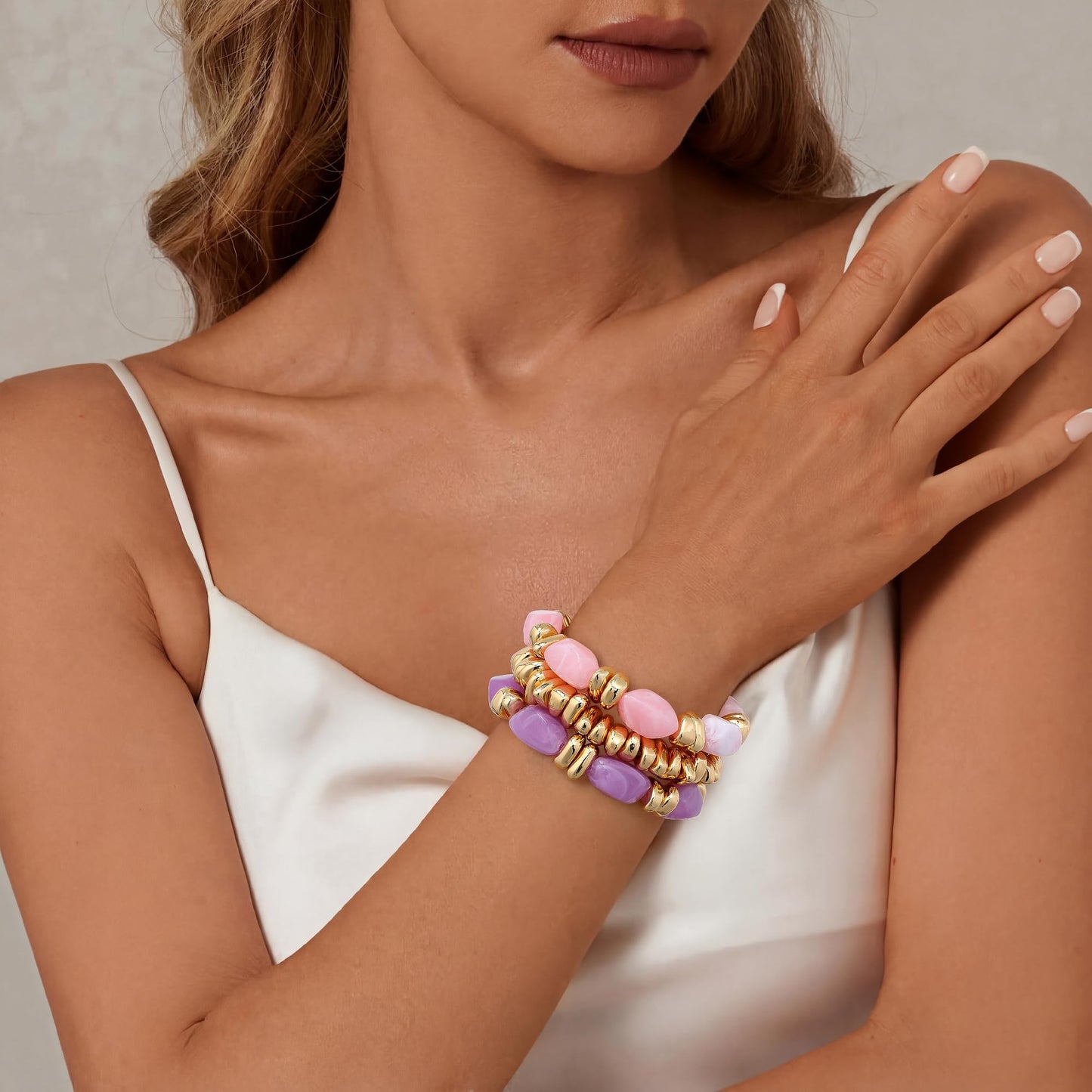 Sajidos Gold Plated Beaded Bracelets for Women Trendy, 14K Gold Plated Stack Cross Pearl Gold Plated Bead Stretch Bracelets Set Elastic Hypoallergenic Bracelets Jewelry Gifts (style13-pinkpurple)