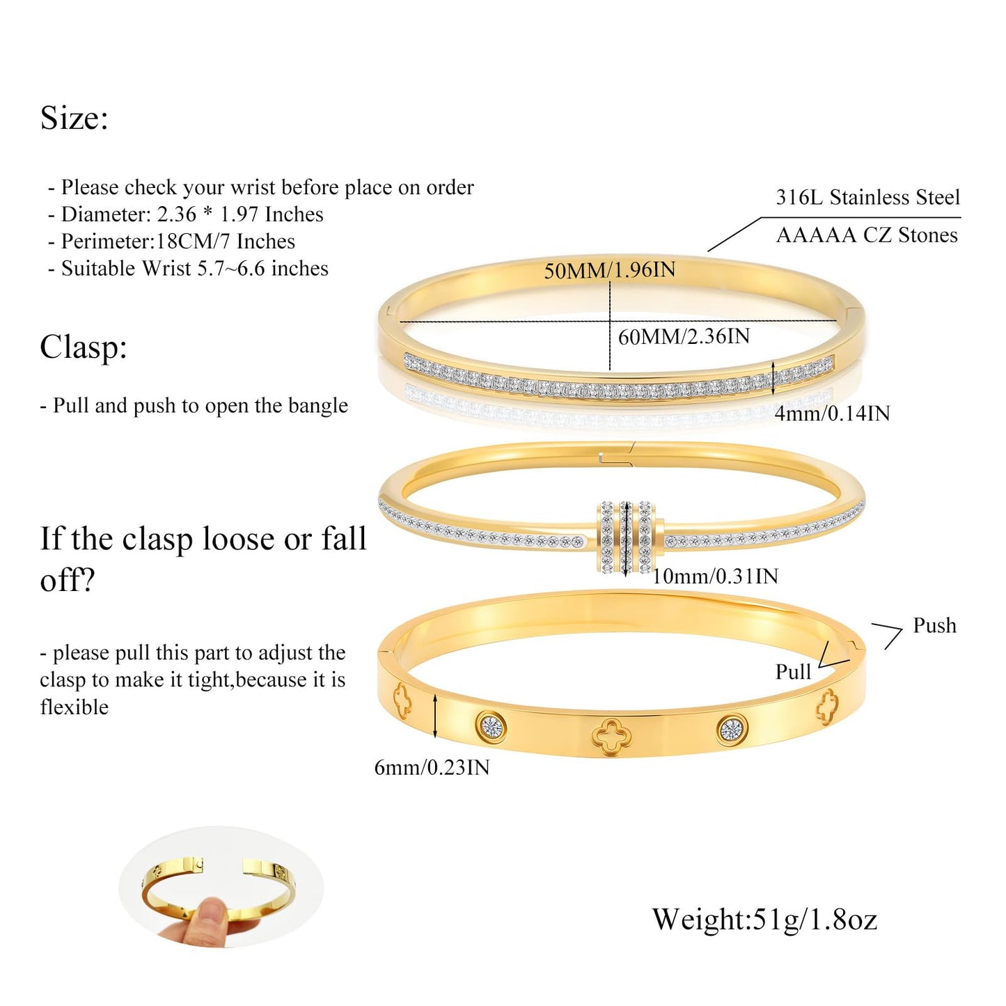 Camhanno Gold Bracelets for Women - Crystal Stackable Bangles with Friendship & Love Theme - Stainless Steel Jewelry, Ideal Birthday Gift (Style 6)