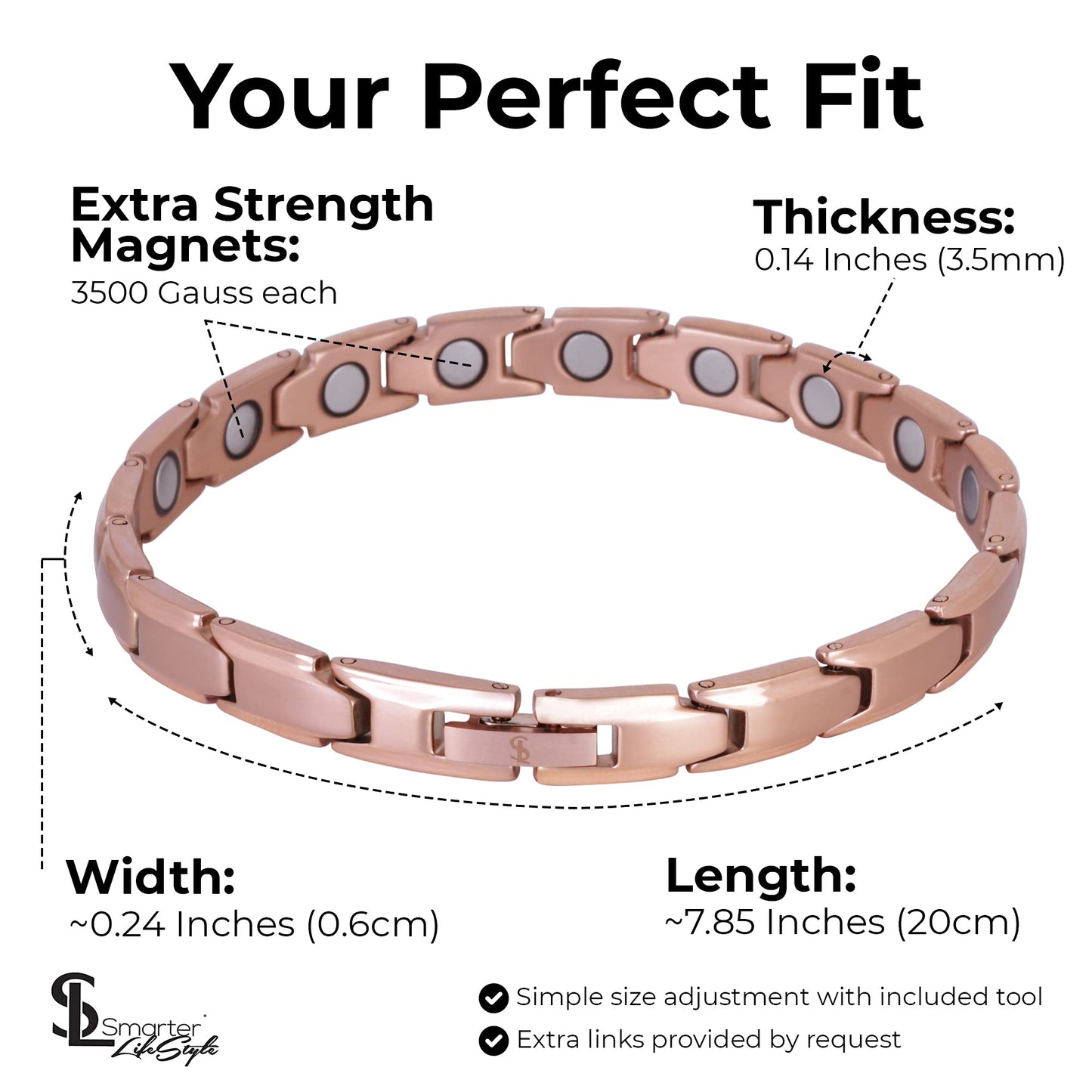 Smarter LifeStyle Elegant Titanium Magnetic Bracelet for Women - Adjustable Bracelet Length with Sizing Tool for Perfect Fit, Womens Magnetic Bracelet (Rose Gold)