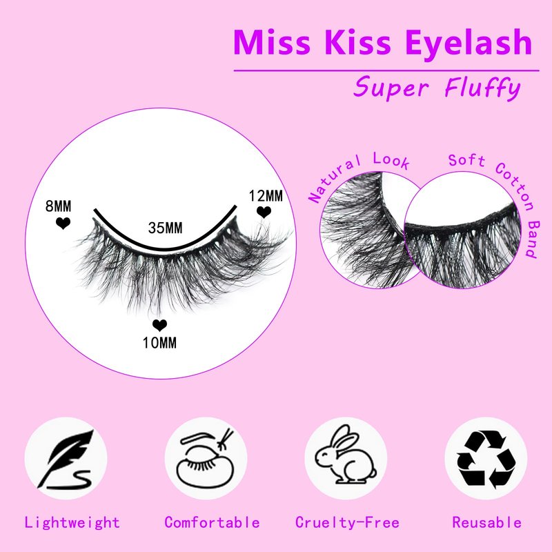 Miss Kiss 6 Pairs Lashes, Cat Eye Natural Look Volume Spike Lash, Soft Fluffy Faux Mink Eyelashes, Wispy Manga Russian C Curl Eye Lash, 3D False Lashes Strip 12 MM