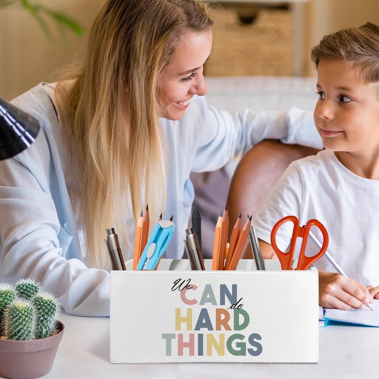 LIANGEAGOM Boho Inspirational Pen Pencil Holder Organizer for Desk Accessories, Mental Health We Can Do Hard Things Motivational Wooden Box Signs Decorations for Therapy Counselor Office Desk Tabletop