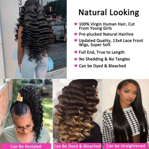 Bworto Loose Deep Wave Curly 13x4 lace Front wigs Human Hair Lace Frontal Wig Human Hair Natural Hairline Natural Black (Natural Color, 24 Inch)