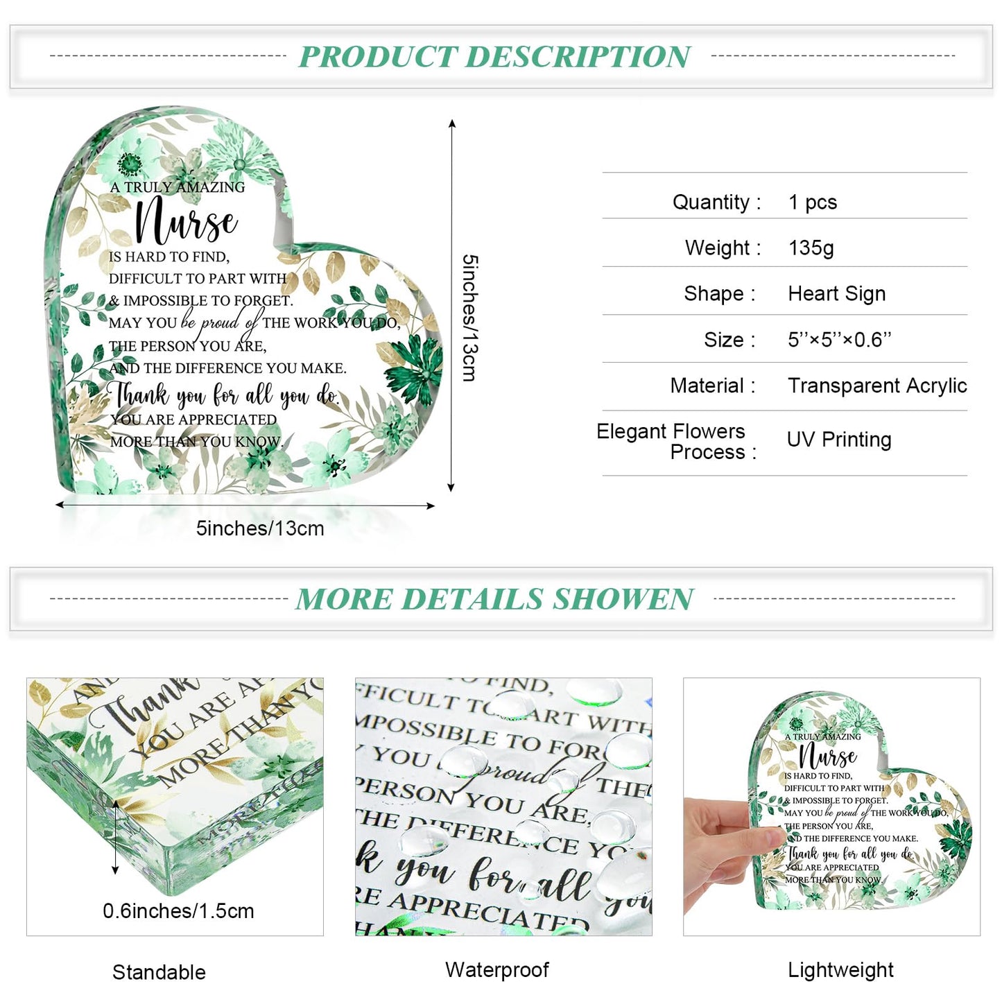 Kathfly Nurse Appreciation Gift for Women, Floral Inspirational Acrylic Sign Prize Thank You Nurse Week for Graduation, Hospital Practitioner Gift for Women Teacher Table Desk Decor(Heart,Green)