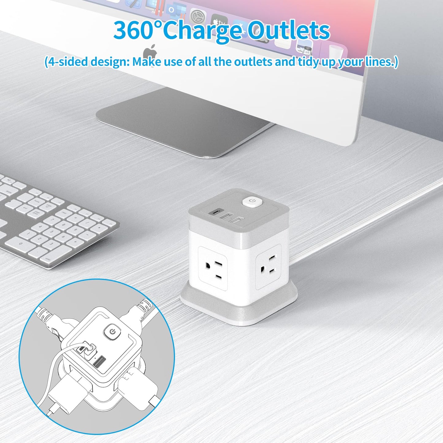 Power Strip with USB, FDTEK Flat Plug Extension Cord with 4 Outlets and 3 USB(1 USB C), 5 FT Power Cord Desktop Charging Station, Overload Protection, Compact Portable for Travel Home Office